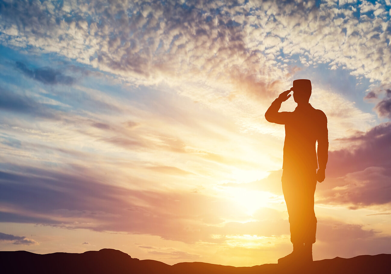 Soldier saluting. Sunset sky, sun shining. Army, salute, patriotic concept. 3D illustration