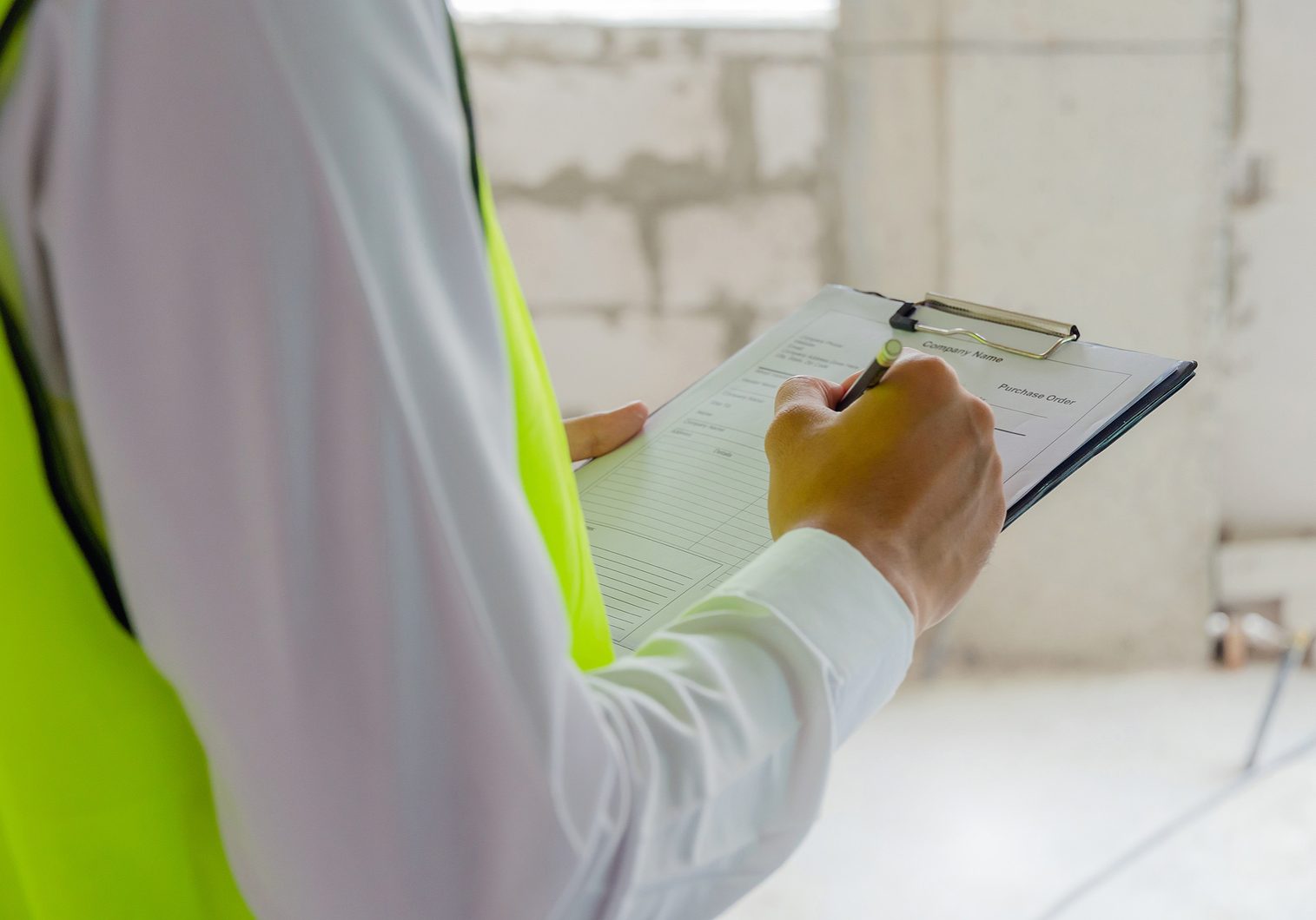 foreman builder, engineer or inspector in green safety vest reflective checking and inspecting with clipboard at construction site building interior, inspection, contractor and engineering concept