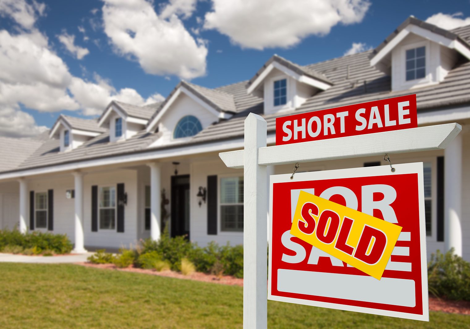 Sold Short Sale Home For Sale Real Estate Sign in Front of New House - Right Facing.